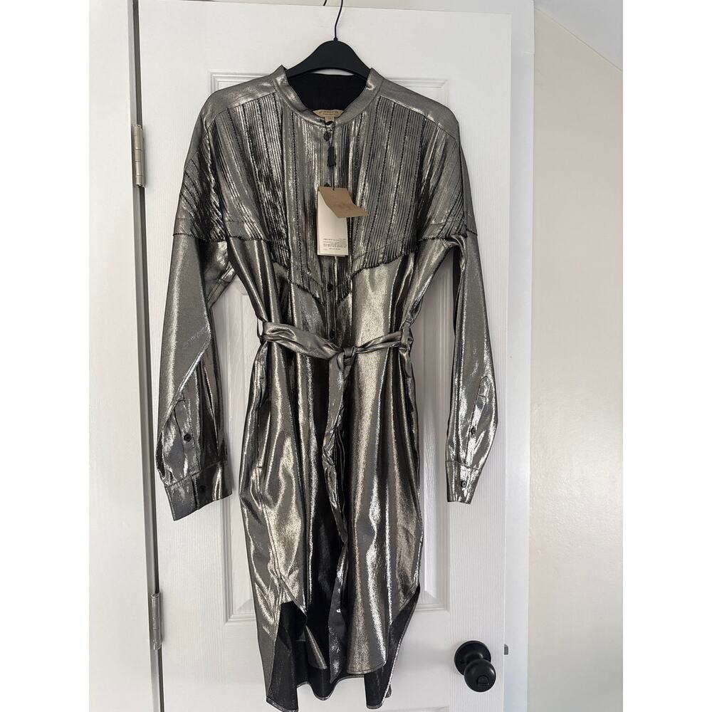 Burberry NWT Metallic Silver Belted Shirt Dress | Luxury Statement Dress